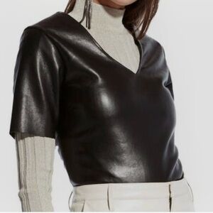 Real Lamb Leather Miss Selfridge Black Short Sleeve V Neck Blouse, Top, size 0